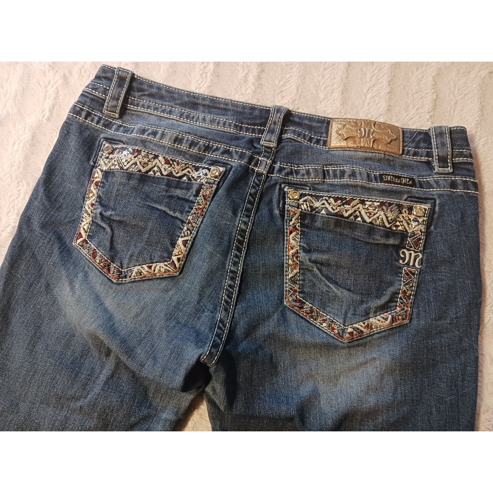 Miss Me Signature Boot Cut Flared Jeans Womens 32 Blue Denim Embroidered Pockets